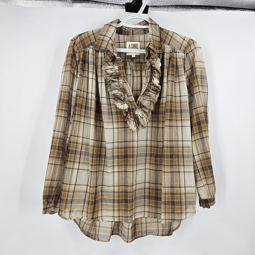 A Shirt Thing Celine Blouse Brown Plaid Ruffle V-Neck Cotton Lagenlook Size XS